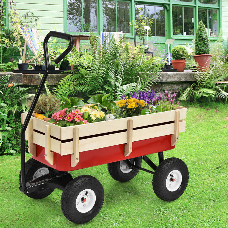 Outdoor All Terrain Pulling Cargo Utility Wagon Cart with Non-Slippery Handle and Wooden Fence