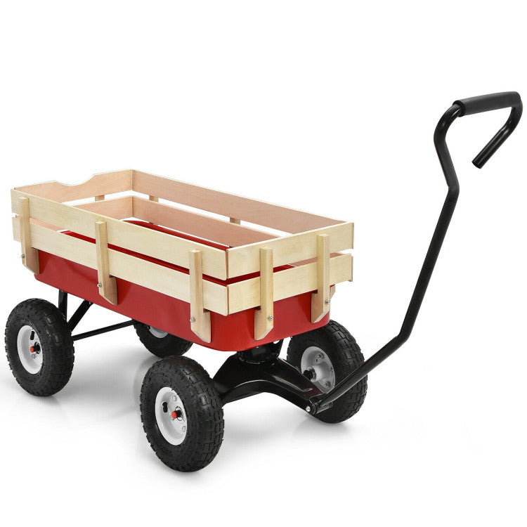 Outdoor All Terrain Pulling Cargo Utility Wagon Cart with Non-Slippery Handle and Wooden Fence