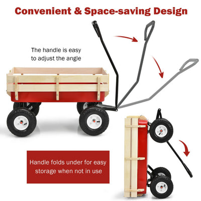 Outdoor All Terrain Pulling Cargo Utility Wagon Cart with Non-Slippery Handle and Wooden Fence