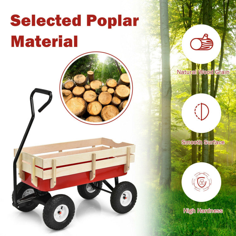 Outdoor All Terrain Pulling Cargo Utility Wagon Cart with Non-Slippery Handle and Wooden Fence