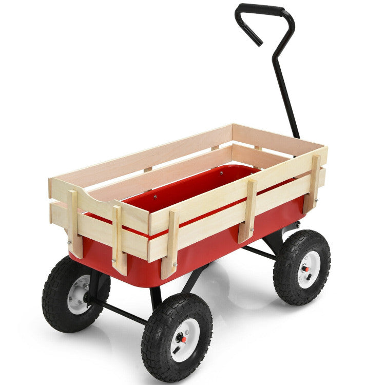 Outdoor All Terrain Pulling Cargo Utility Wagon Cart with Non-Slippery Handle and Wooden Fence