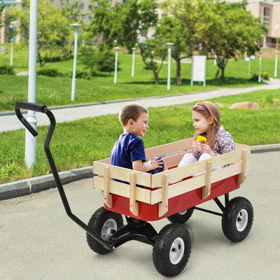 Outdoor All Terrain Pulling Cargo Utility Wagon Cart with Non-Slippery Handle and Wooden Fence