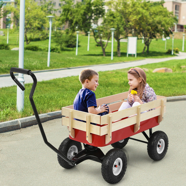 Outdoor All Terrain Pulling Cargo Utility Wagon Cart with Non-Slippery Handle and Wooden Fence