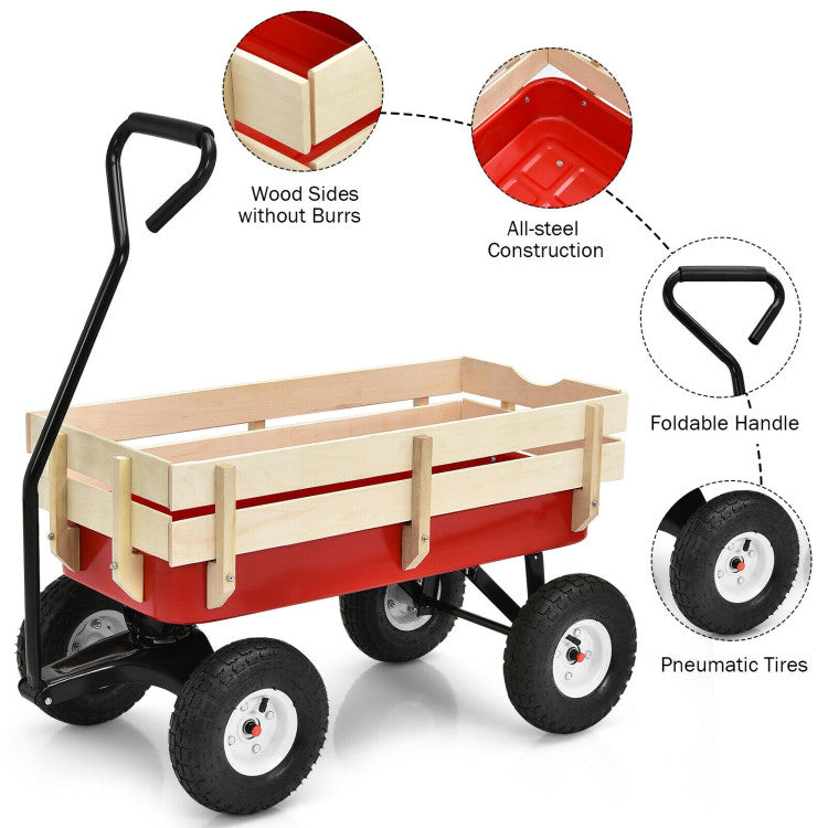 Outdoor All Terrain Pulling Cargo Utility Wagon Cart with Non-Slippery Handle and Wooden Fence