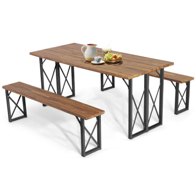 Outdoor Camping Dining Table Set Patio Picnic Table and Bench Set with Umbrella Hole