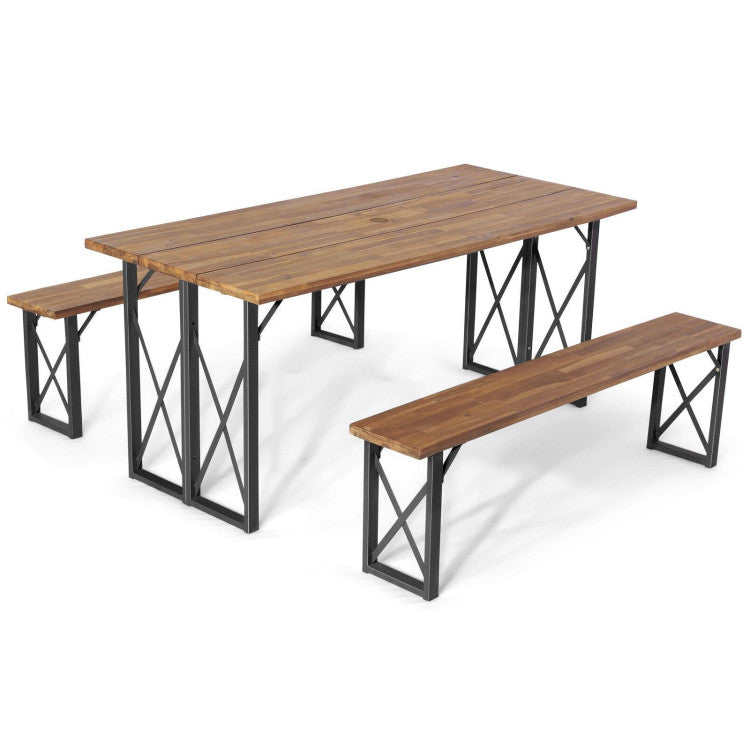 Outdoor Camping Dining Table Set Patio Picnic Table and Bench Set with Umbrella Hole