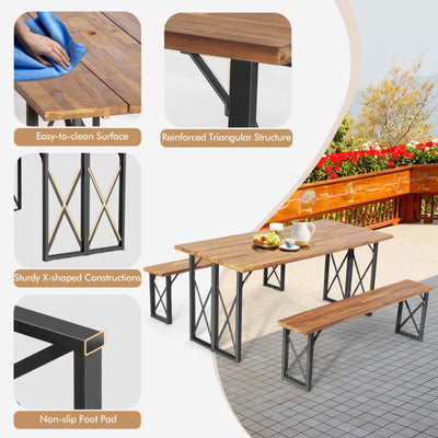 Outdoor Camping Dining Table Set Patio Picnic Table and Bench Set with Umbrella Hole
