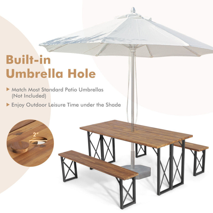 Outdoor Camping Dining Table Set Patio Picnic Table and Bench Set with Umbrella Hole