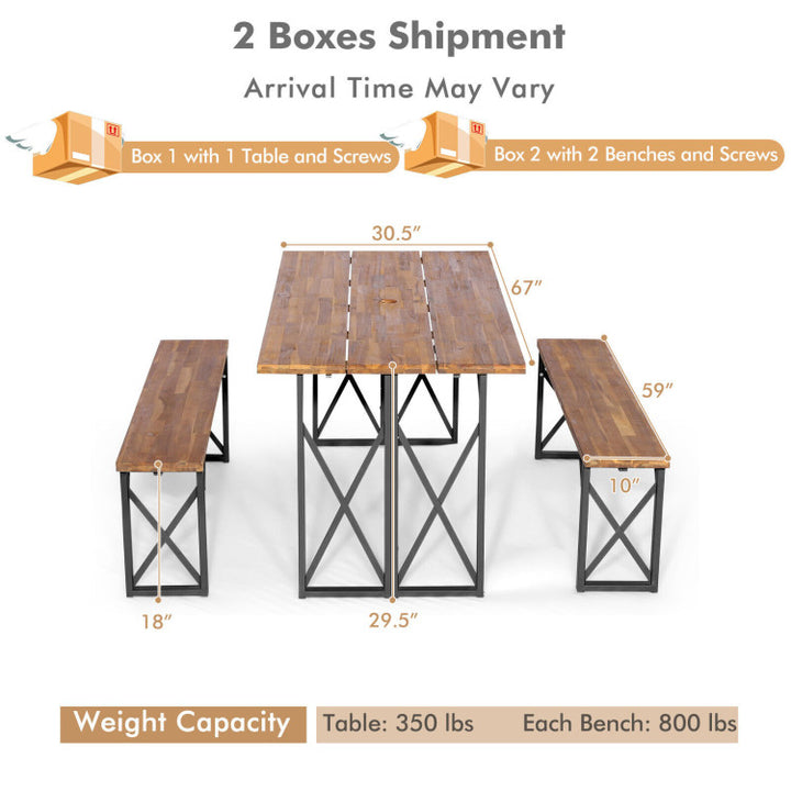 Outdoor Camping Dining Table Set Patio Picnic Table and Bench Set with Umbrella Hole