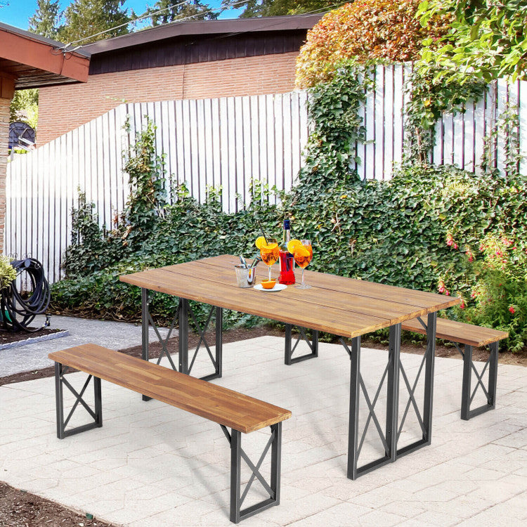 Outdoor Camping Dining Table Set Patio Picnic Table and Bench Set with Umbrella Hole