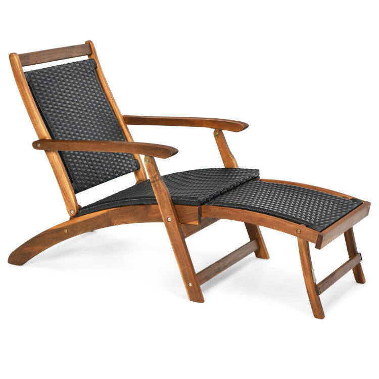 Outdoor Foldable Deck Chair Acacia Wood Patio Folding Rattan Chaise Lounge Chair Collapsible Armchair with Retractable Footrest