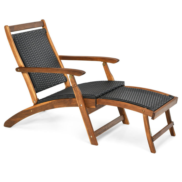 Outdoor Foldable Deck Chair Acacia Wood Patio Folding Rattan Chaise Lounge Chair Collapsible Armchair with Retractable Footrest