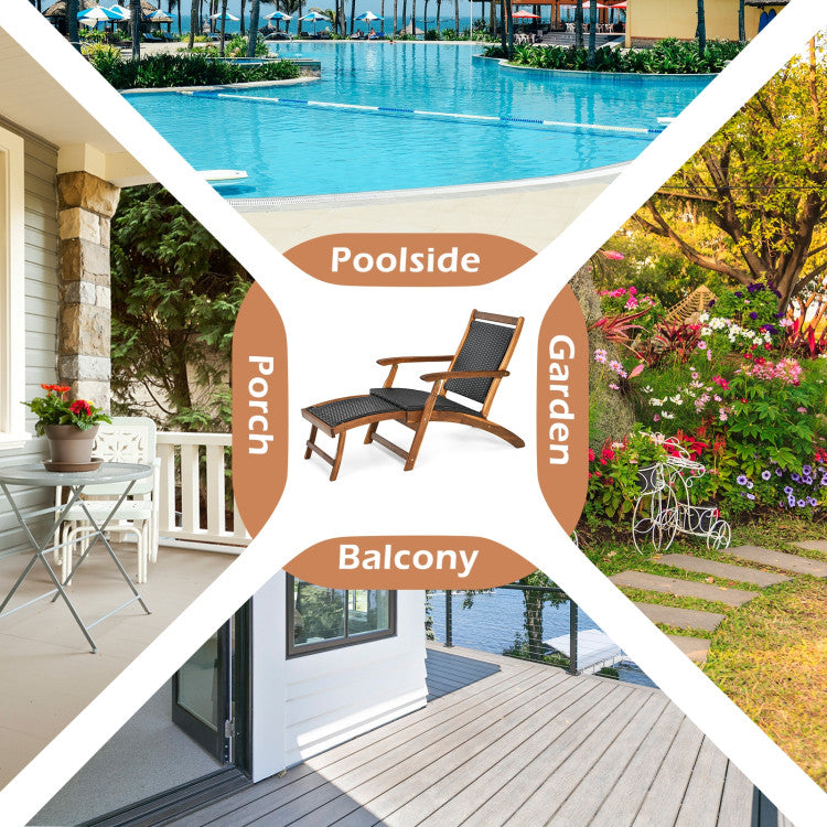 Outdoor Foldable Deck Chair Acacia Wood Patio Folding Rattan Chaise Lounge Chair Collapsible Armchair with Retractable Footrest