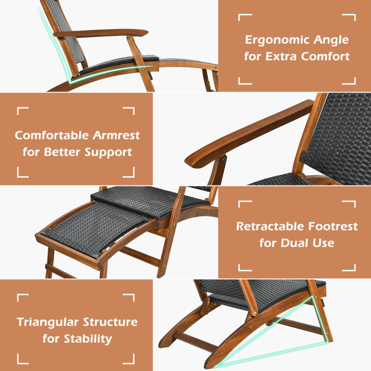 Outdoor Foldable Deck Chair Acacia Wood Patio Folding Rattan Chaise Lounge Chair Collapsible Armchair with Retractable Footrest