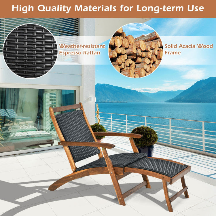 Outdoor Foldable Deck Chair Acacia Wood Patio Folding Rattan Chaise Lounge Chair Collapsible Armchair with Retractable Footrest