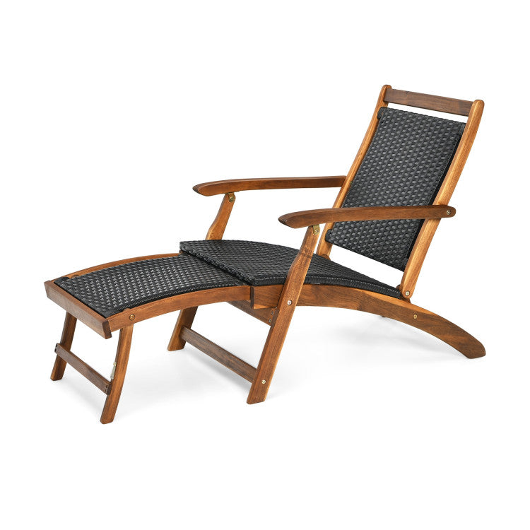 Outdoor Foldable Deck Chair Acacia Wood Patio Folding Rattan Chaise Lounge Chair Collapsible Armchair with Retractable Footrest