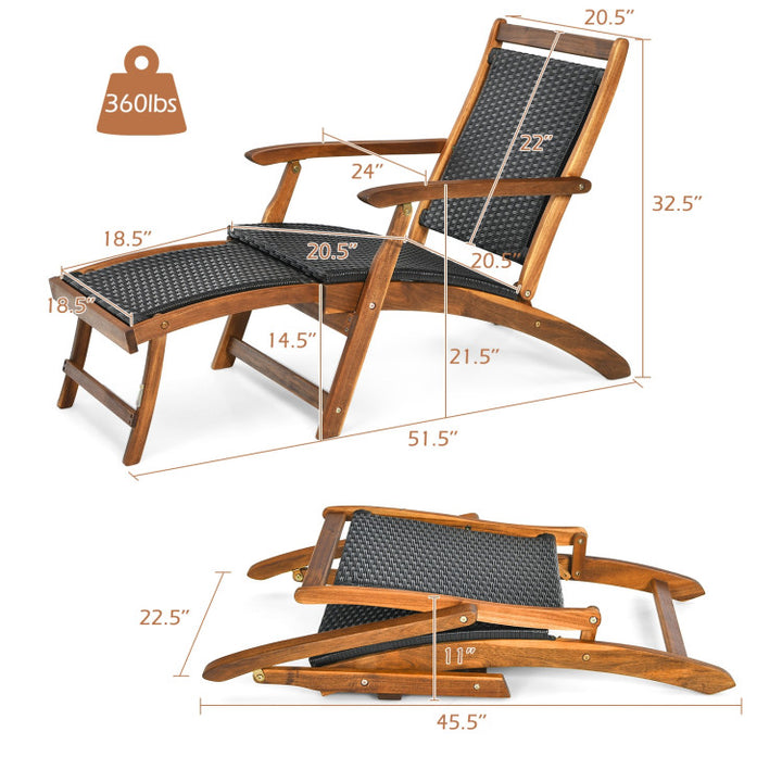 Outdoor Foldable Deck Chair Acacia Wood Patio Folding Rattan Chaise Lounge Chair Collapsible Armchair with Retractable Footrest
