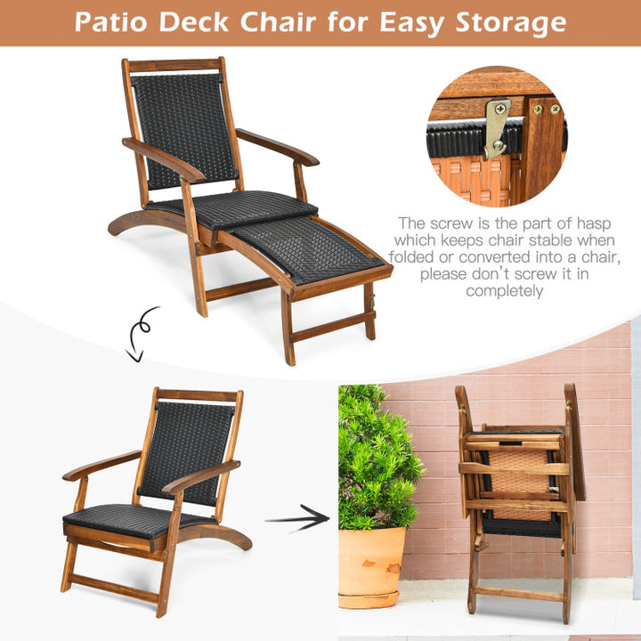Outdoor Foldable Deck Chair Acacia Wood Patio Folding Rattan Chaise Lounge Chair Collapsible Armchair with Retractable Footrest