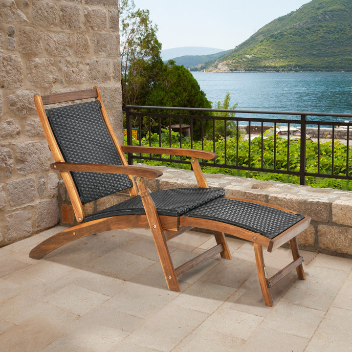 Outdoor Foldable Deck Chair Acacia Wood Patio Folding Rattan Chaise Lounge Chair Collapsible Armchair with Retractable Footrest