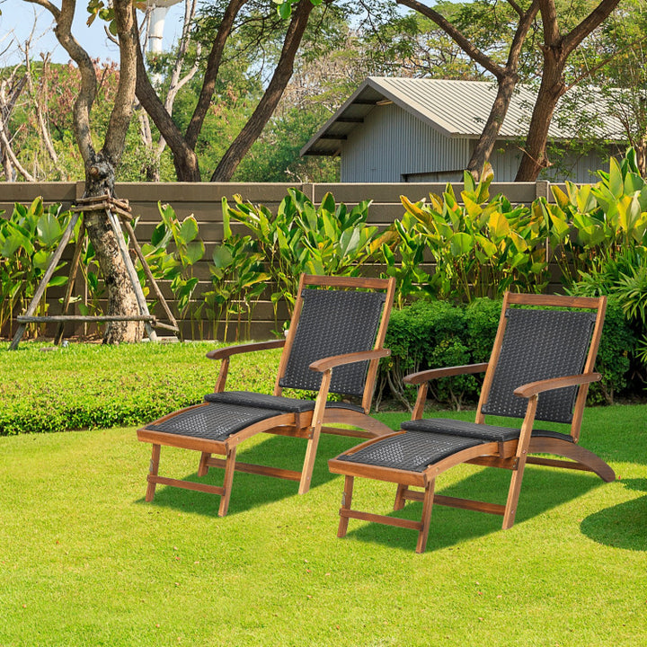 Outdoor Foldable Deck Chair Acacia Wood Patio Folding Rattan Chaise Lounge Chair Collapsible Armchair with Retractable Footrest