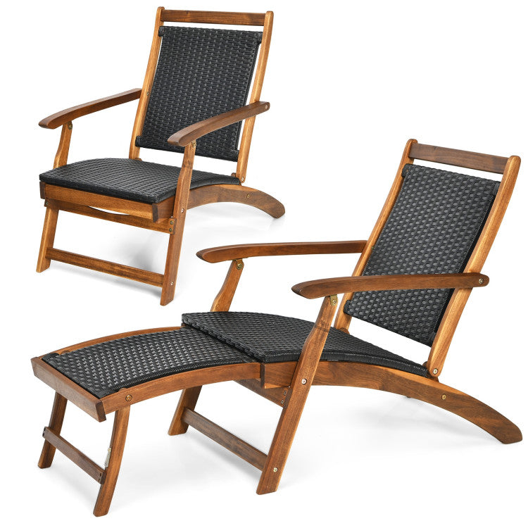 Outdoor Foldable Deck Chair Acacia Wood Patio Folding Rattan Chaise Lounge Chair Collapsible Armchair with Retractable Footrest