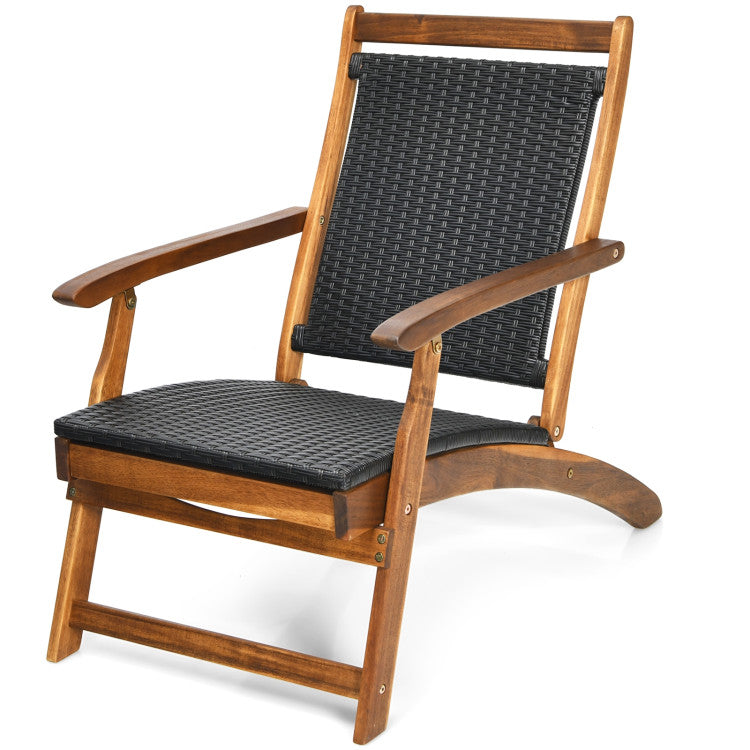Outdoor Foldable Deck Chair Acacia Wood Patio Folding Rattan Chaise Lounge Chair Collapsible Armchair with Retractable Footrest