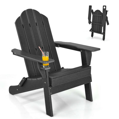 Outdoor Folding Adirondack Chair HDPE Weather Resistant Patio Lawn Lounge Chair with Built-in Cup Holder