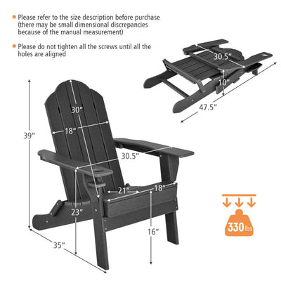 Outdoor Folding Adirondack Chair HDPE Weather Resistant Patio Lawn Lounge Chair with Built-in Cup Holder