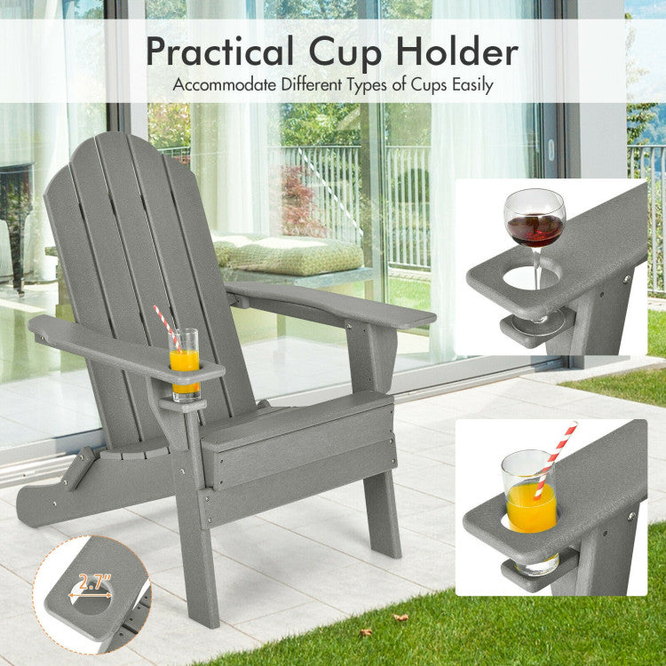 Outdoor Folding Adirondack Chair HDPE Weather Resistant Patio Lawn Lounge Chair with Built-in Cup Holder