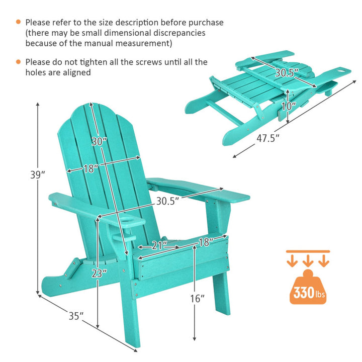 Outdoor Folding Adirondack Chair HDPE Weather Resistant Patio Lawn Lounge Chair with Built-in Cup Holder