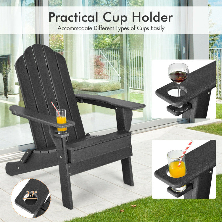 Outdoor Folding Adirondack Chair HDPE Weather Resistant Patio Lawn Lounge Chair with Built-in Cup Holder