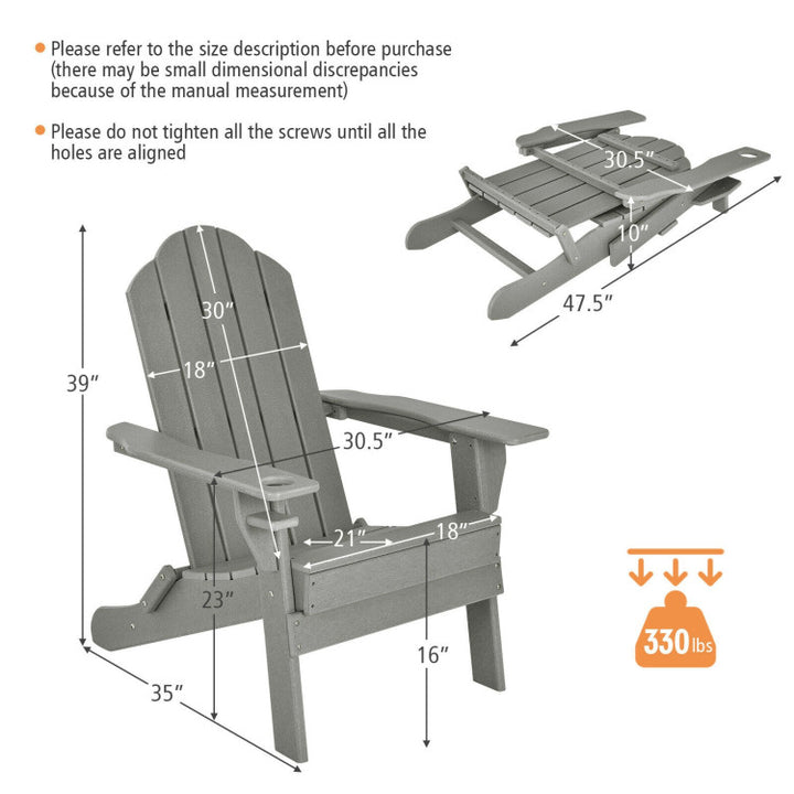 Outdoor Folding Adirondack Chair HDPE Weather Resistant Patio Lawn Lounge Chair with Built-in Cup Holder