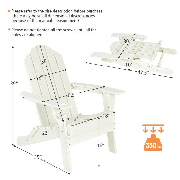 Outdoor Folding Adirondack Chair HDPE Weather Resistant Patio Lawn Lounge Chair with Built-in Cup Holder