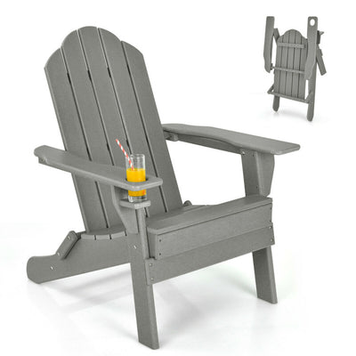 Outdoor Folding Adirondack Chair HDPE Weather Resistant Patio Lawn Lounge Chair with Built-in Cup Holder