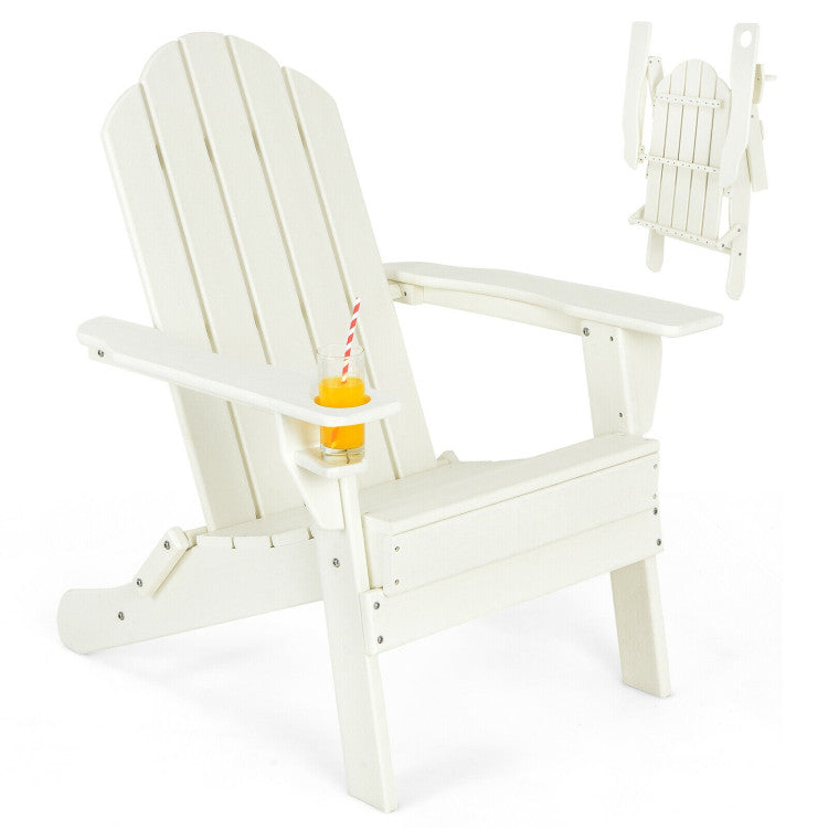 Outdoor Folding Adirondack Chair HDPE Weather Resistant Patio Lawn Lounge Chair with Built-in Cup Holder