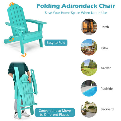 Outdoor Folding Adirondack Chair HDPE Weather Resistant Patio Lawn Lounge Chair with Built-in Cup Holder