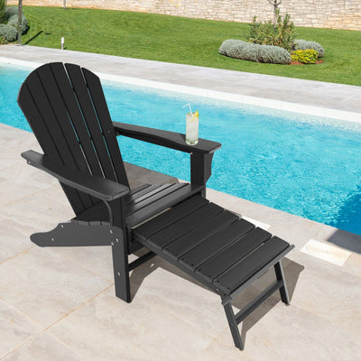 Outdoor Folding Adirondack Chair Patio Weather Resistant HDPE Lounge Chair with Retractable Ottoman for Porch Backyard