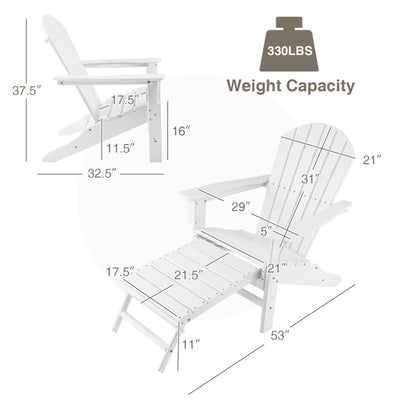 Outdoor Folding Adirondack Chair Patio Weather Resistant HDPE Lounge Chair with Retractable Ottoman for Porch Backyard