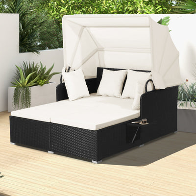 Outdoor Hand-Woven Rattan Daybed Sun Lounger Patio Wicker Furniture Sunbed Loveseat Sofa Set with Retractable Canopy and Folding Tray