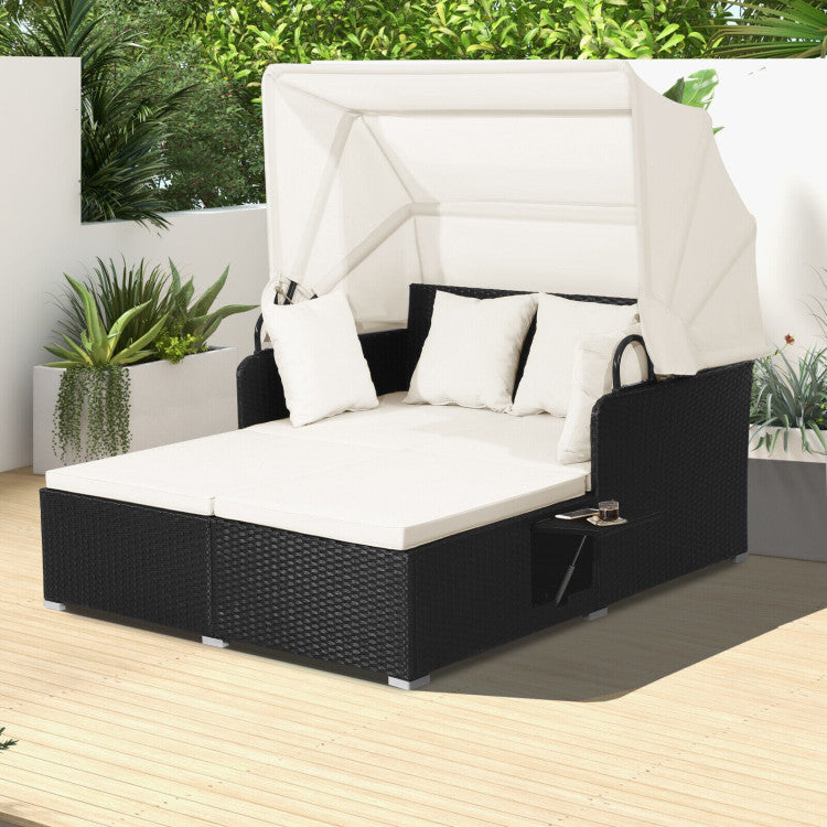 Outdoor Hand-Woven Rattan Daybed Sun Lounger Patio Wicker Furniture Sunbed Loveseat Sofa Set with Retractable Canopy and Folding Tray