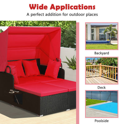 Outdoor Hand-Woven Rattan Daybed Sun Lounger Patio Wicker Furniture Sunbed Loveseat Sofa Set with Retractable Canopy and Folding Tray