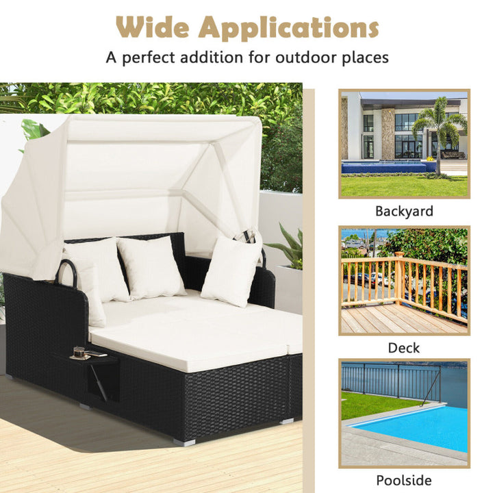 Outdoor Hand-Woven Rattan Daybed Sun Lounger Patio Wicker Furniture Sunbed Loveseat Sofa Set with Retractable Canopy and Folding Tray
