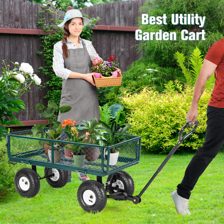 Outdoor Heavy Duty Lawn Utility Wheelbarrow Garden Dump Wagon Cart Carrier with Removable Sides and Long Handle