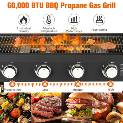 Outdoor Portable 60000BTU 4 Burner Barbecue Griddle Foldable Propane Gas Grill with BBQ Tools