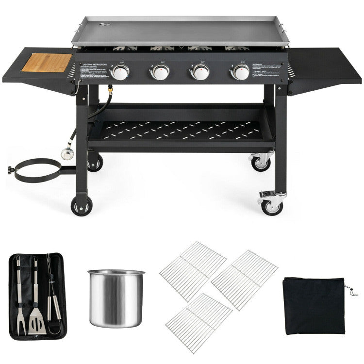 Outdoor Portable 60000BTU 4 Burner Barbecue Griddle Foldable Propane Gas Grill with BBQ Tools