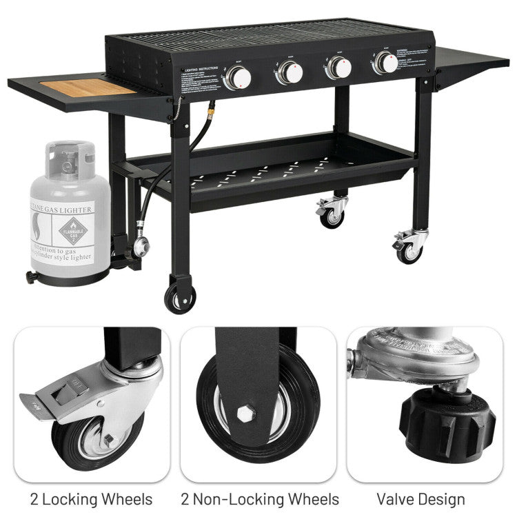 Outdoor Portable 60000BTU 4 Burner Barbecue Griddle Foldable Propane Gas Grill with BBQ Tools