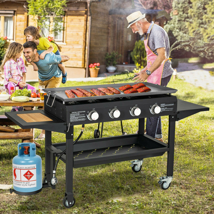 Outdoor Portable 60000BTU 4 Burner Barbecue Griddle Foldable Propane Gas Grill with BBQ Tools