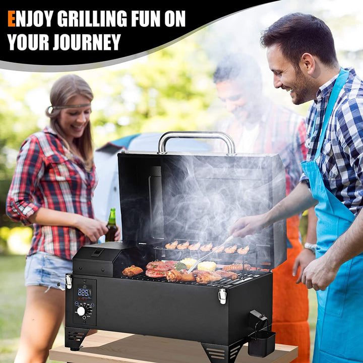 Outdoor Portable 8-in-1 Tabletop Pellet Grill and Smoker with Control Panel for BBQ Camping RV Cooking