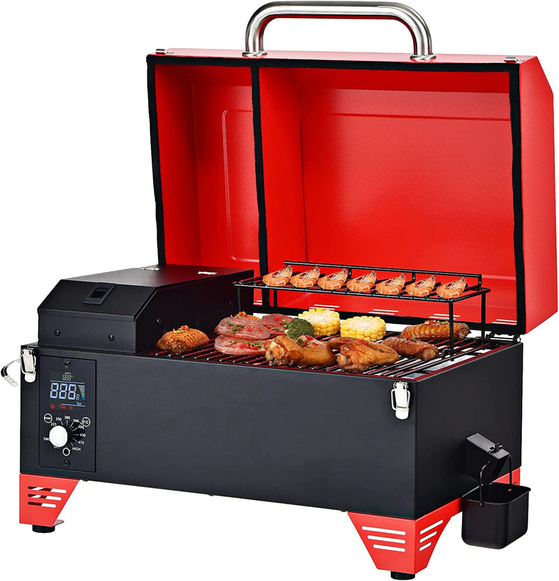 Outdoor Portable 8-in-1 Tabletop Pellet Grill and Smoker with Control Panel for BBQ Camping RV Cooking
