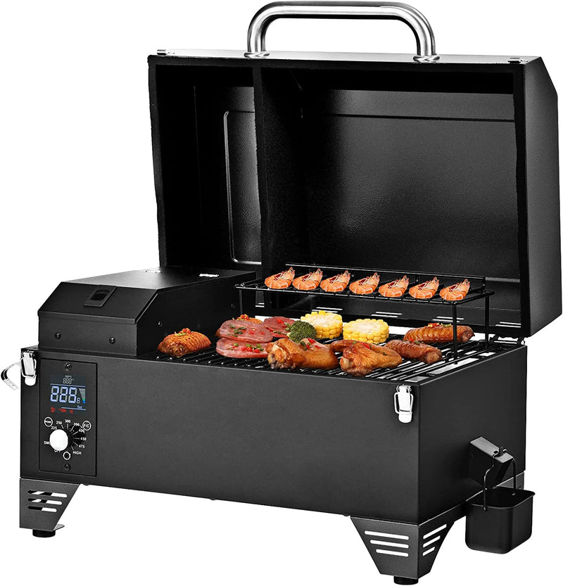 Outdoor Portable 8-in-1 Tabletop Pellet Grill and Smoker with Control Panel for BBQ Camping RV Cooking